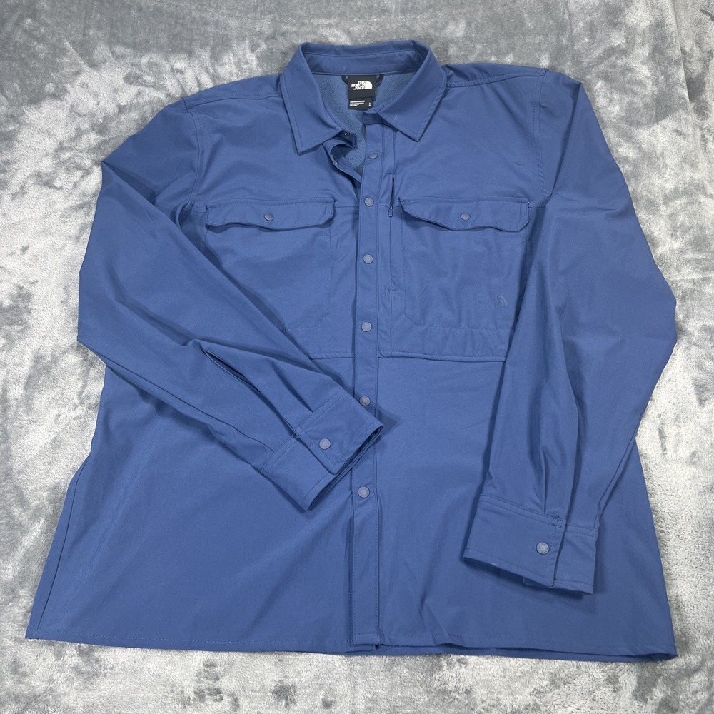 North Face Shirt Men Large Blue Vapor Wick Long Sleeve Button Double Pocket Vent